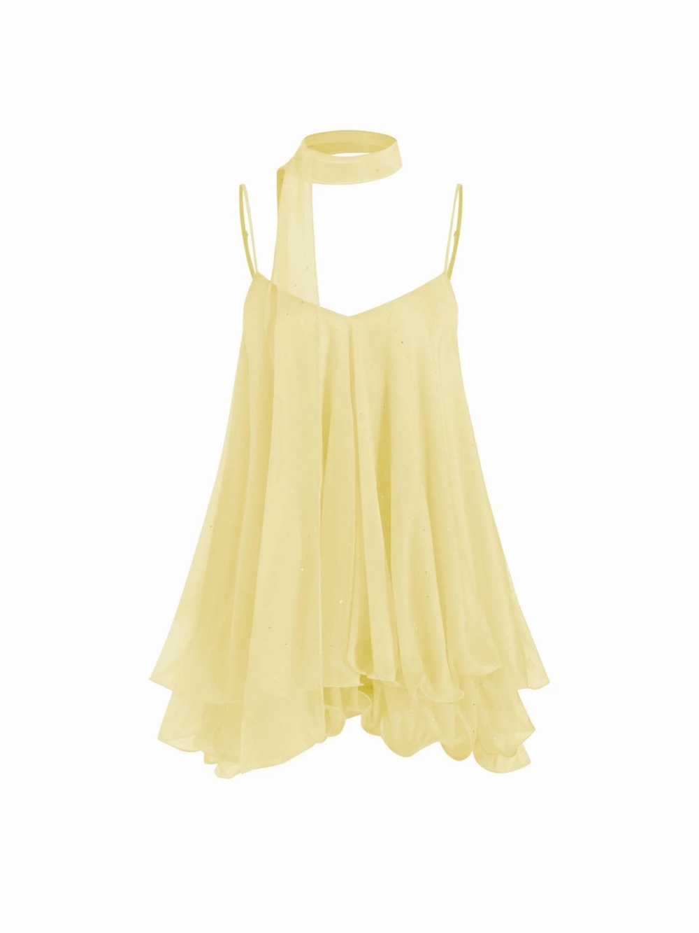 Yellow Chiffon Spaghetti Strap Tiered Mini Dress with Neck Scarf